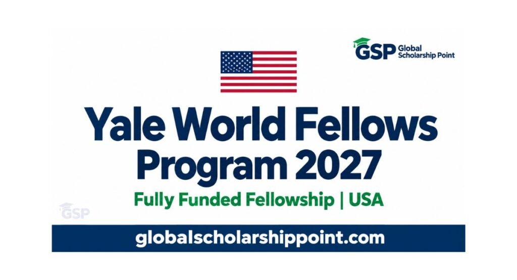Yale World Fellows Program 2027 fully funded fellowship in the USA, with the US flag and Global Scholarship Point logo.